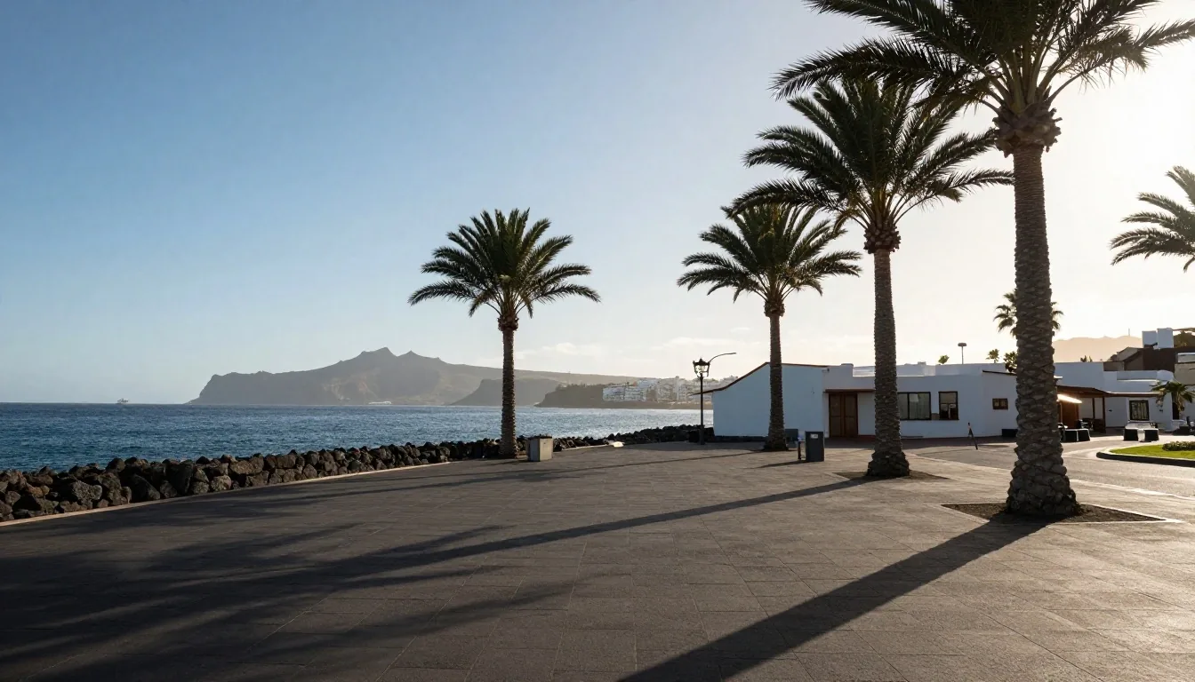 Coast of southern Tenerife with promenade, palm trees, and low buildings by the water