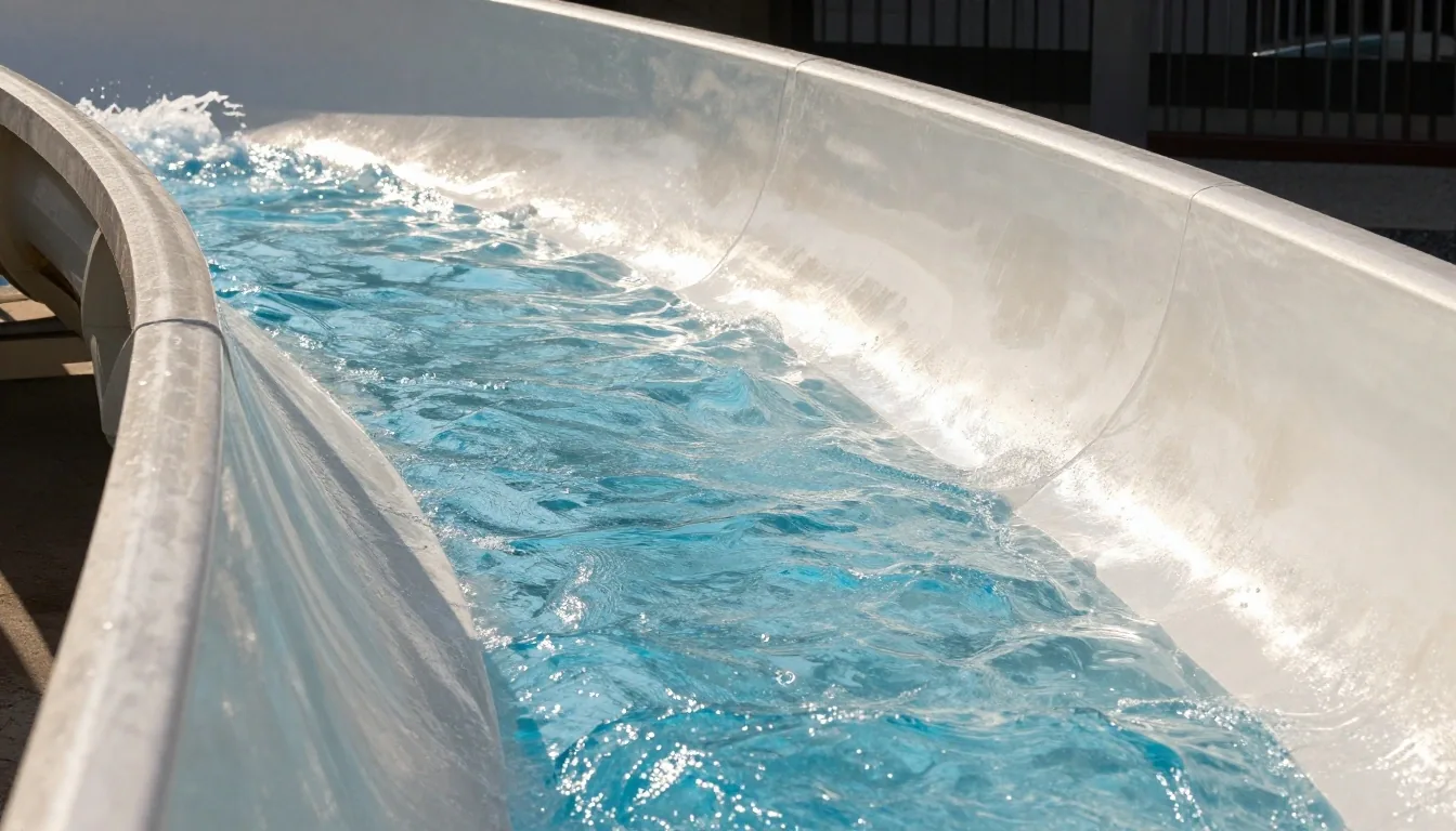 Detail of a slide curve and water flowing down the channel on a sunny afternoon