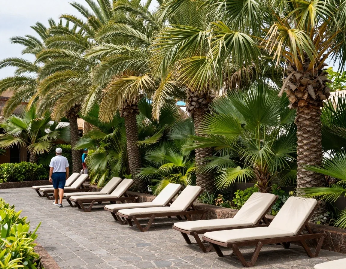 Visitors walking through the waterpark walkway in Costa Adeje, with rest areas and vegetation around