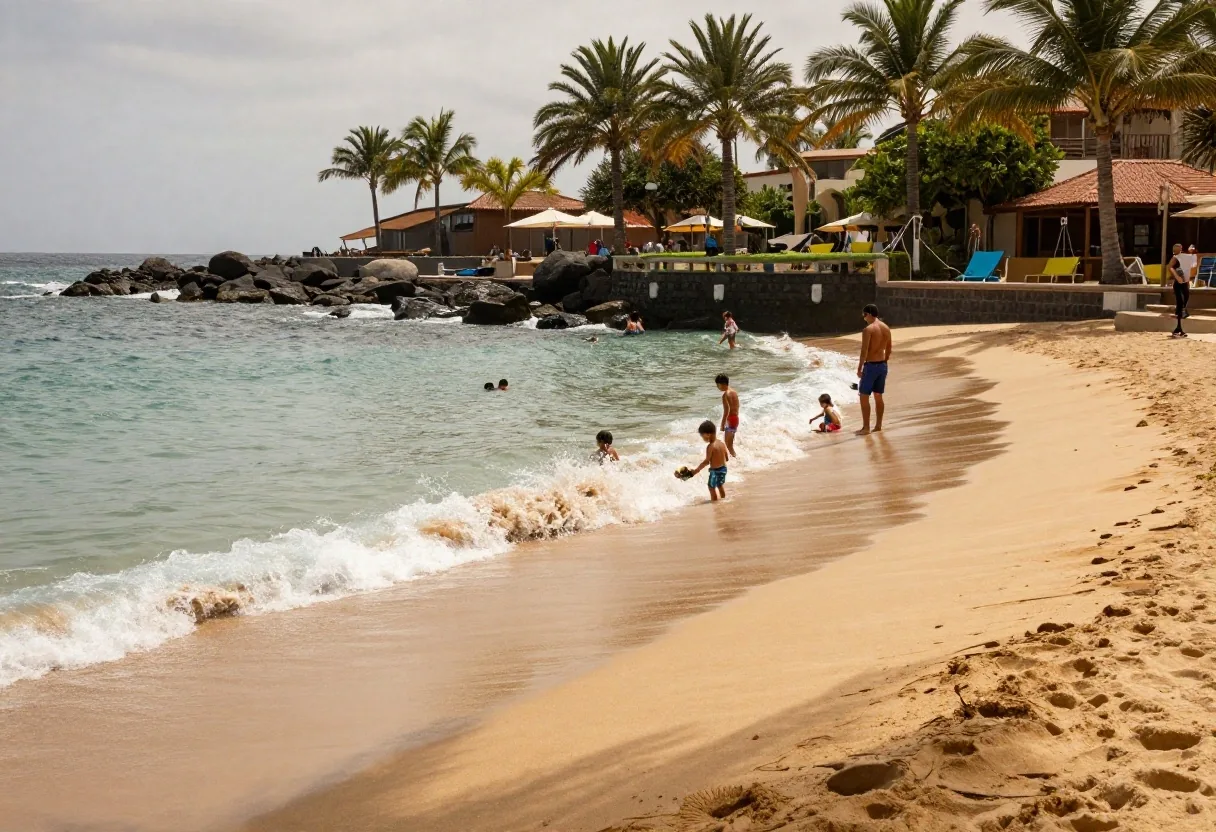 Piscina de olas con arena y familias bañándose en la orilla