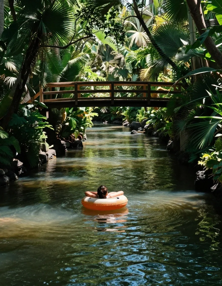 Río lento con una persona flotando en flotador entre vegetación y un puente