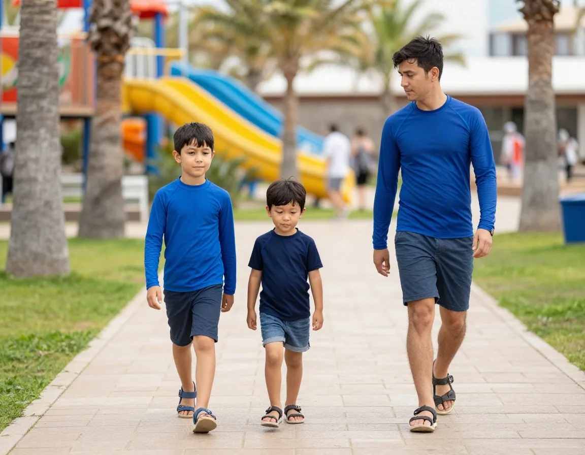 Familia con niños recorriendo a pie la pasarela de un parque acuático bajo el sol