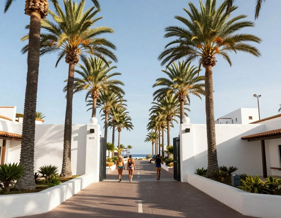 Entrada del recinto acuático en Costa Adeje, con palmeras y visitantes caminando hacia el acceso