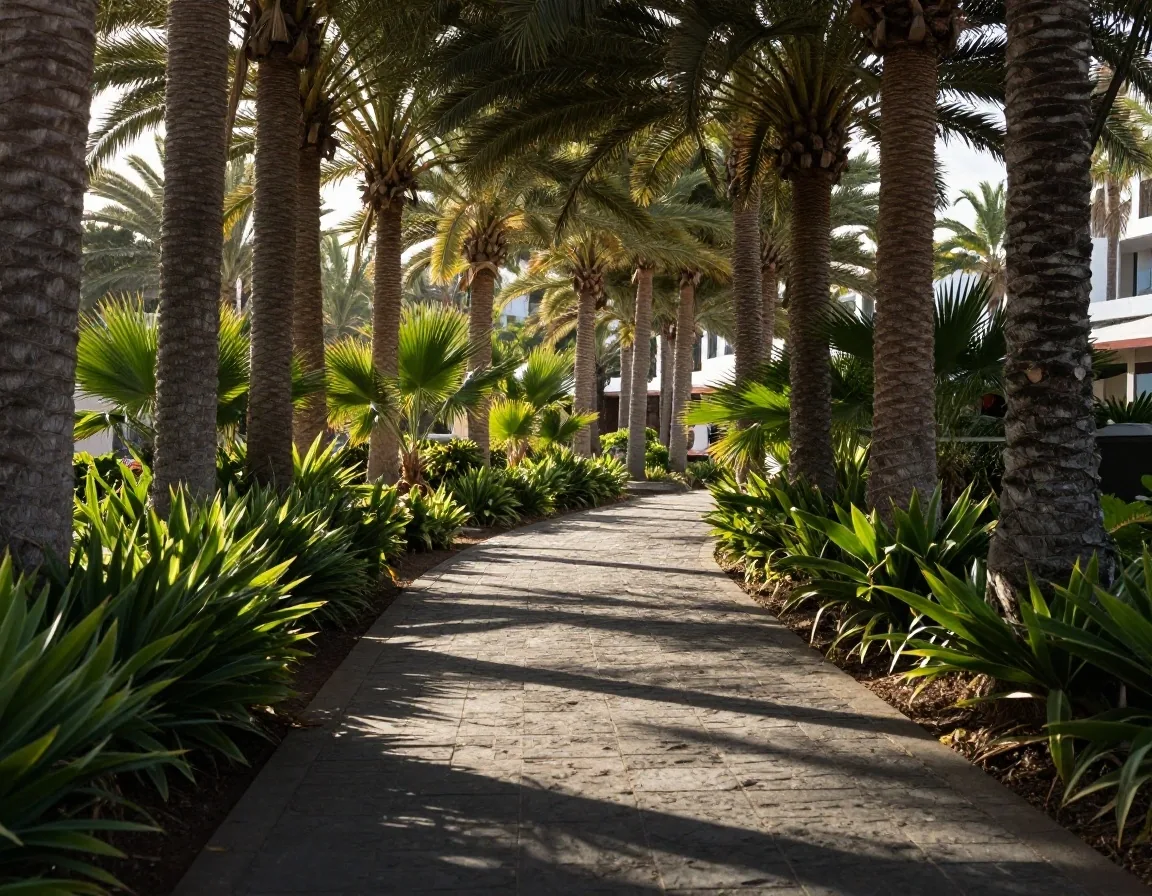 Sendero sombreado entre palmeras en el recinto del parque, fotografiado a media mañana