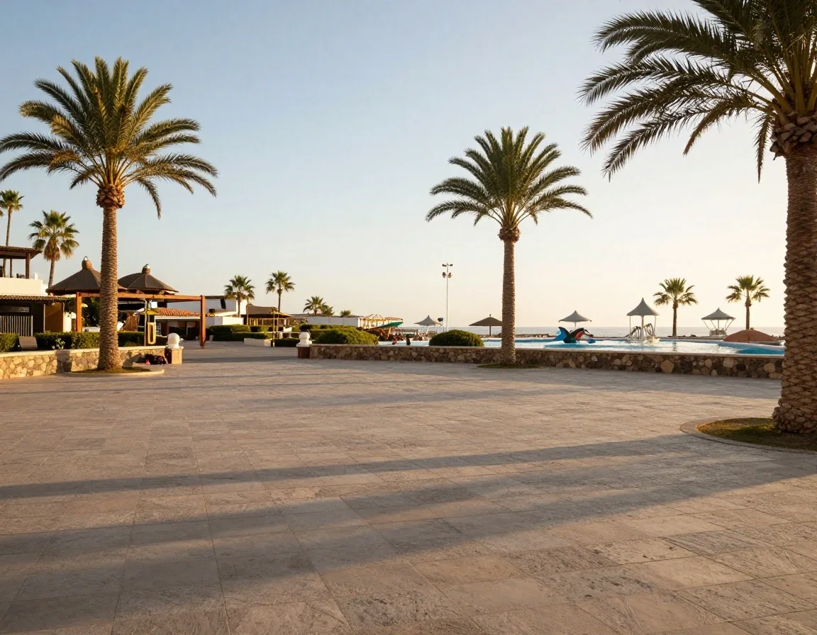 Entrada del parque acuático en Costa Adeje con palmeras en una tarde soleada