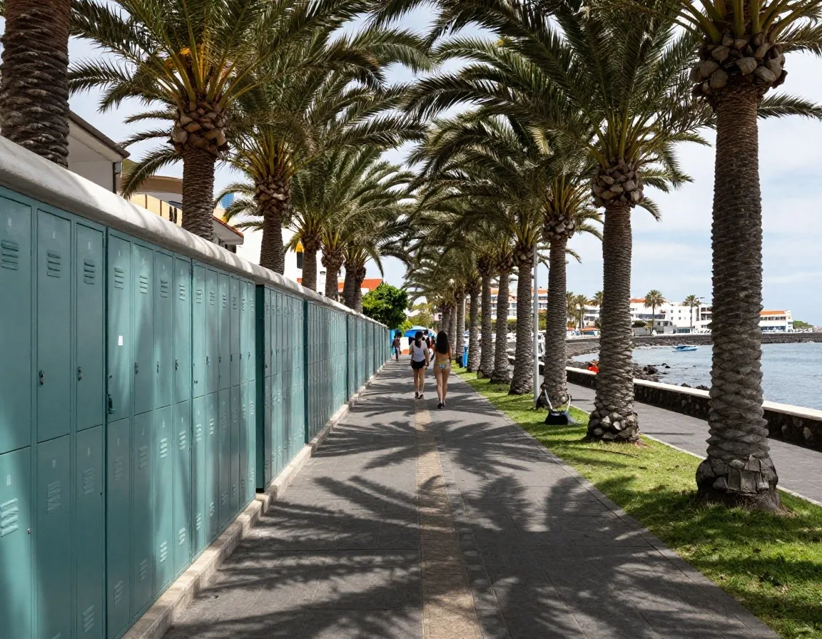 Paseo sombreado entre palmeras en Siam Park con visitantes al fondo