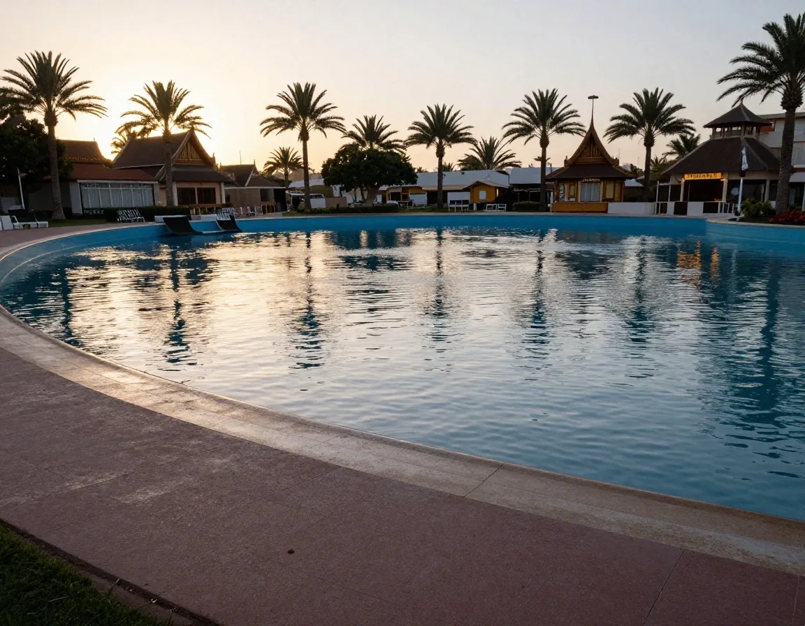 Vista tranquila de la zona de piscinas de Siam Park en Costa Adeje con palmeras y luz de mañana