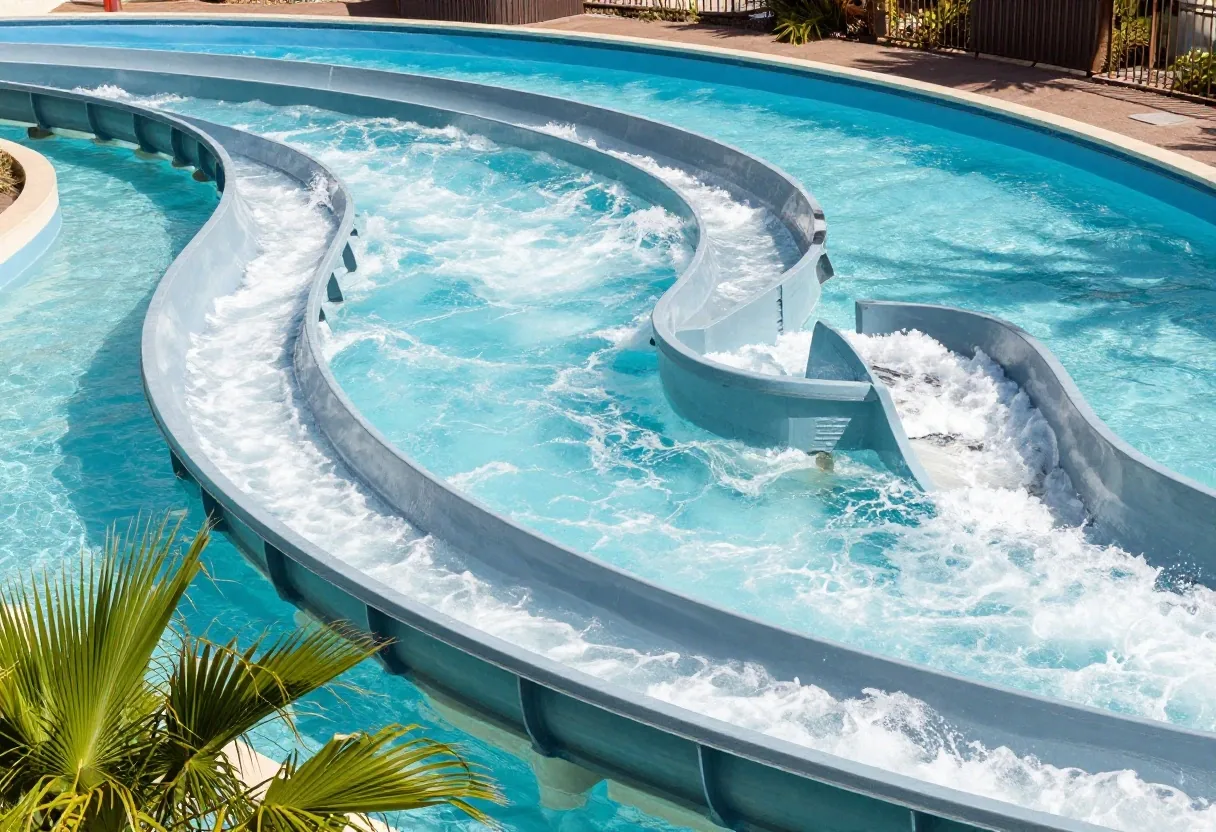 Detalle de un tobogán curvo con agua en movimiento en el aquapark de Tenerife