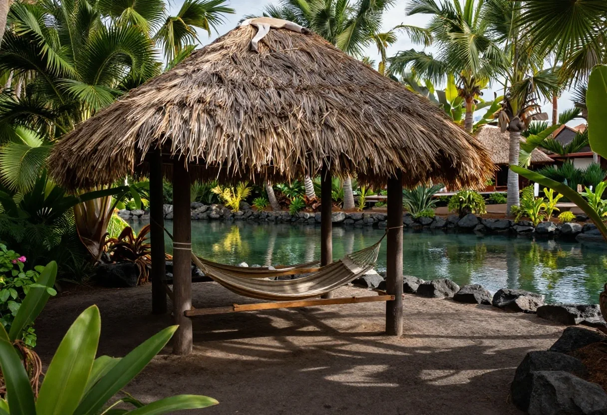 Zona de hamacas a la sombra de palmeras junto a la piscina del parque acuático